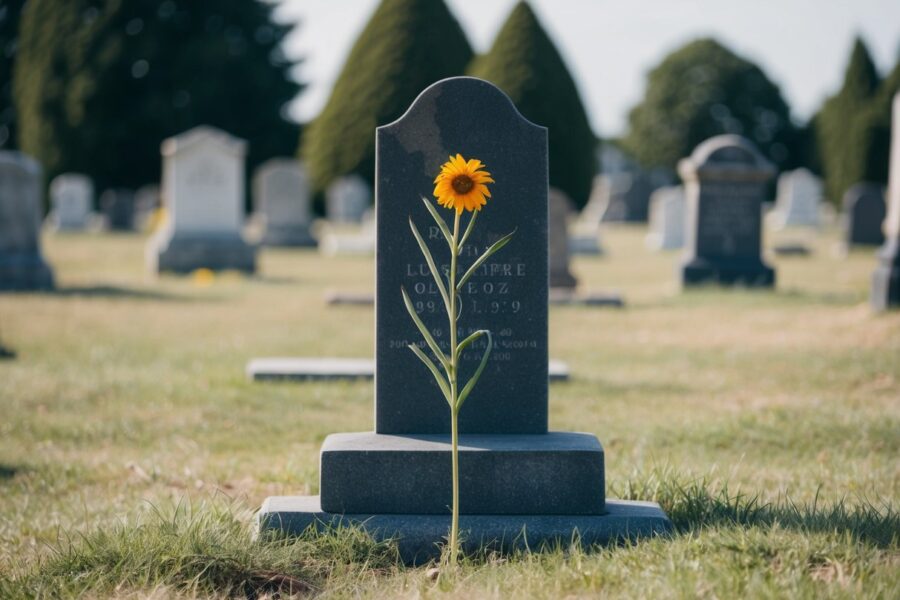 Um cemitério desolado com uma flor murcha em uma lápide