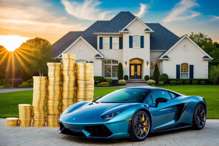 A fortuna do MC Ryan: uma pilha de moedas de ouro, uma mansão luxuosa e um carro esportivo brilhante estacionado do lado de fora