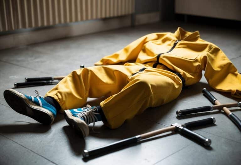 A icônica roupa amarela de Bruce Lee está amassada no chão, cercada por nunchakus espalhados e um par de tênis desgastados.