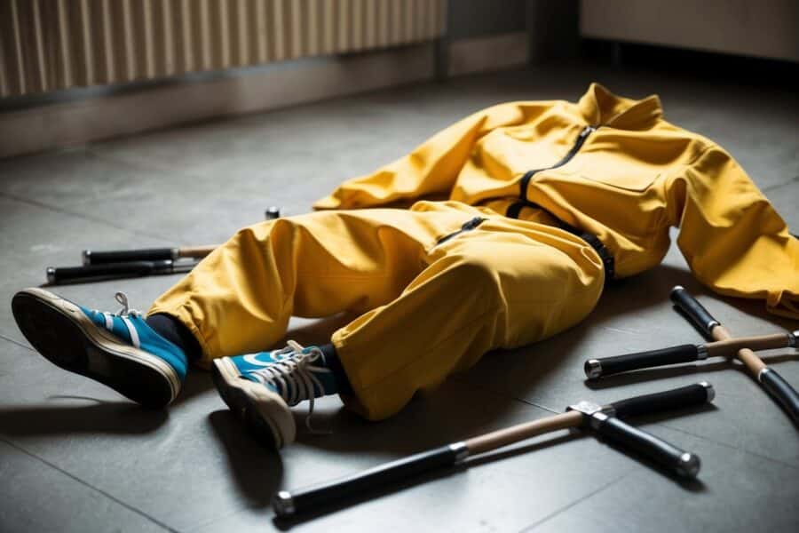 A icônica roupa amarela de Bruce Lee está amassada no chão, cercada por nunchakus espalhados e um par de tênis desgastados.