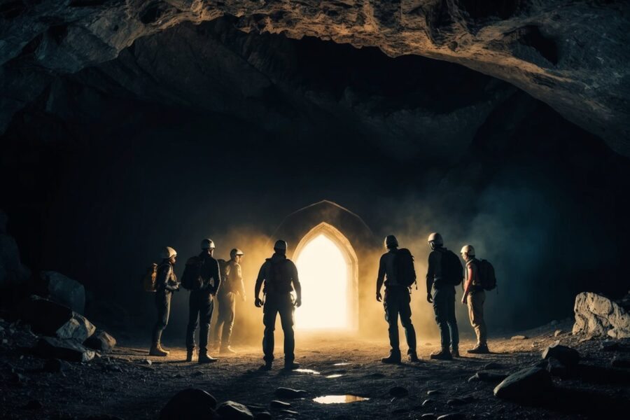 Um grupo de aventureiros está diante de um portal misterioso e brilhante em uma caverna antiga e escura. Uma sensação de perigo e emoção enche o ar.