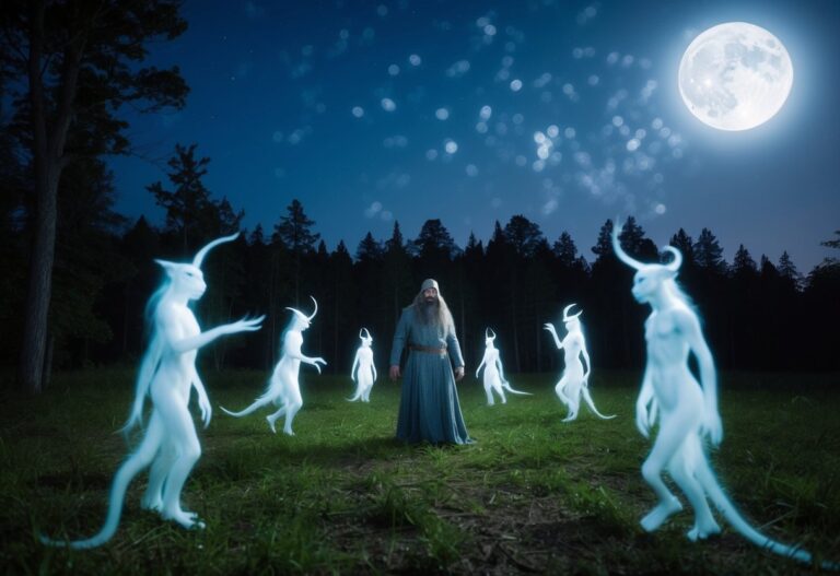 Uma clareira na floresta iluminada pela lua com uma figura misteriosa cercada por criaturas etéreas