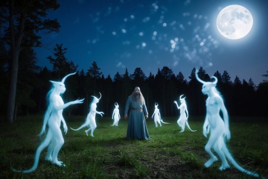 Uma clareira na floresta iluminada pela lua com uma figura misteriosa cercada por criaturas etéreas