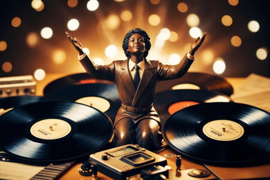 Uma figura cercada por instrumentos musicais e discos, irradiando paixão e conhecimento