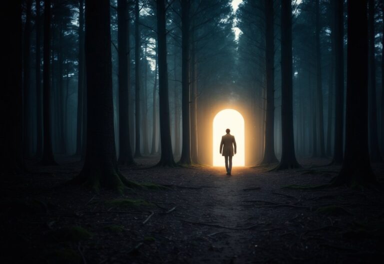 Uma floresta escura com uma figura solitária caminhando em direção a um portal misterioso e brilhante