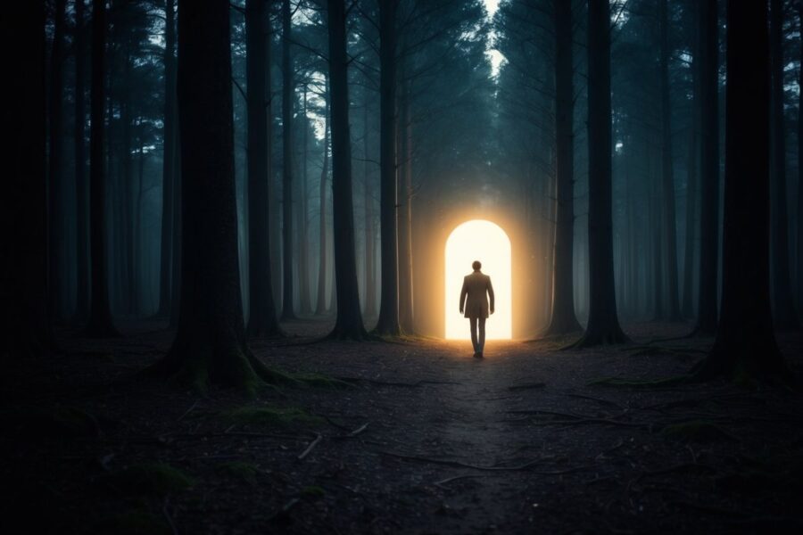 Uma floresta escura com uma figura solitária caminhando em direção a um portal misterioso e brilhante