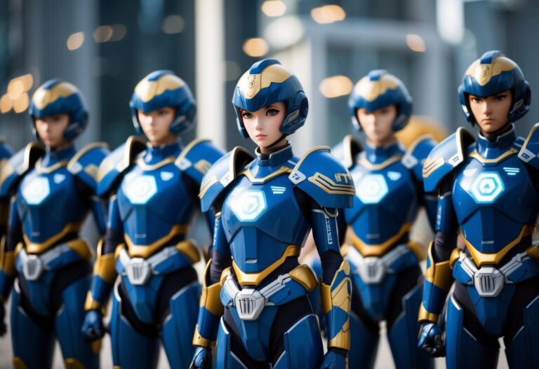 Um grupo de vanguardas de anime futuristas em formação, cada uma adornada com códigos e símbolos únicos em sua armadura