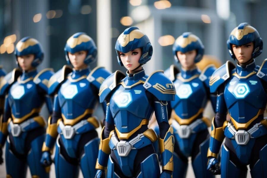 Um grupo de vanguardas de anime futuristas em formação, cada uma adornada com códigos e símbolos únicos em sua armadura