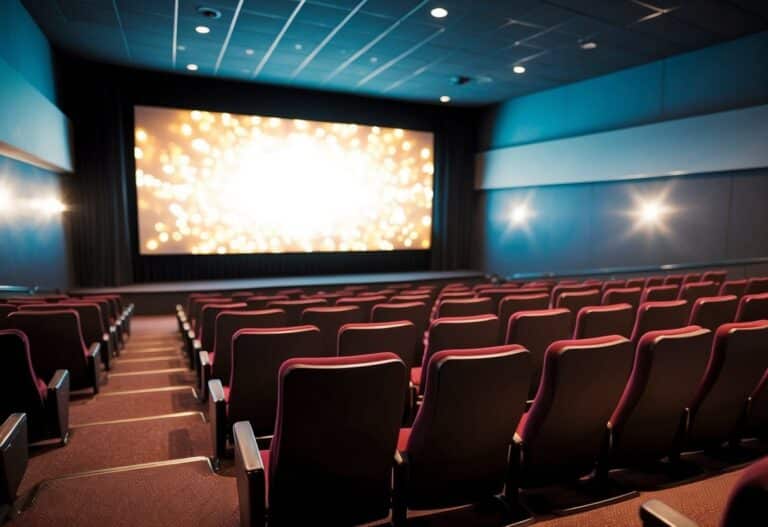 Um cinema deserto com assentos vazios e uma tela piscando