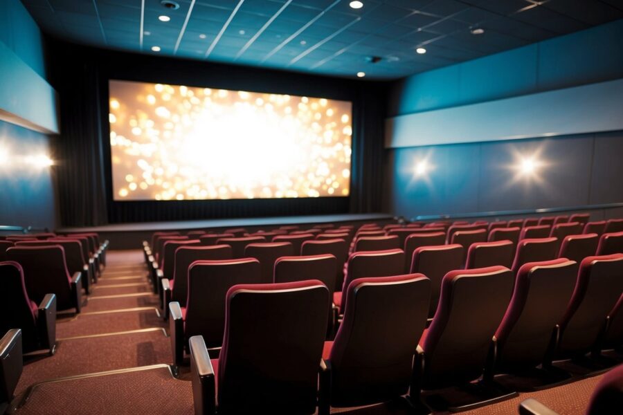 Um cinema deserto com assentos vazios e uma tela piscando