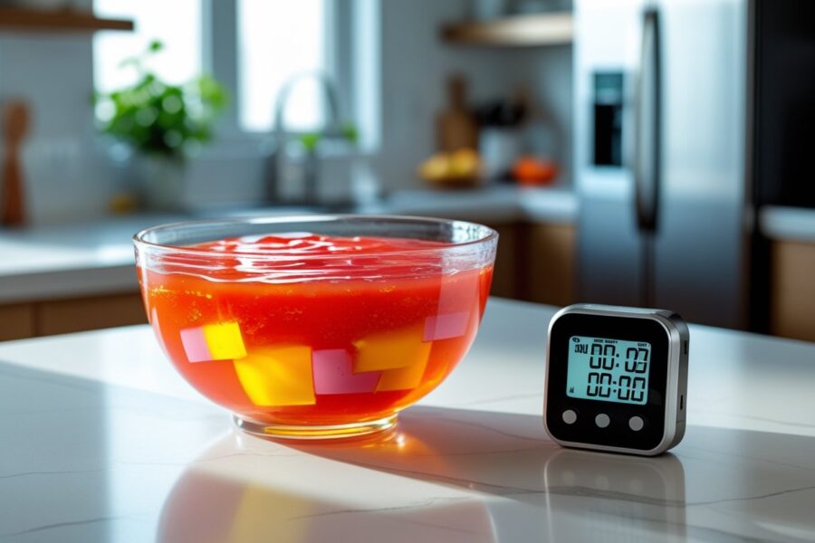 Bowl de gelatina colorida em uma bancada de cozinha com um timer digital ao lado, mostrando o tempo de preparo.