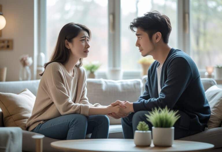 Um casal jovem em um momento emocional na sala de estar, segurando as mãos e expressando sentimentos mistos de tristeza e esperança.