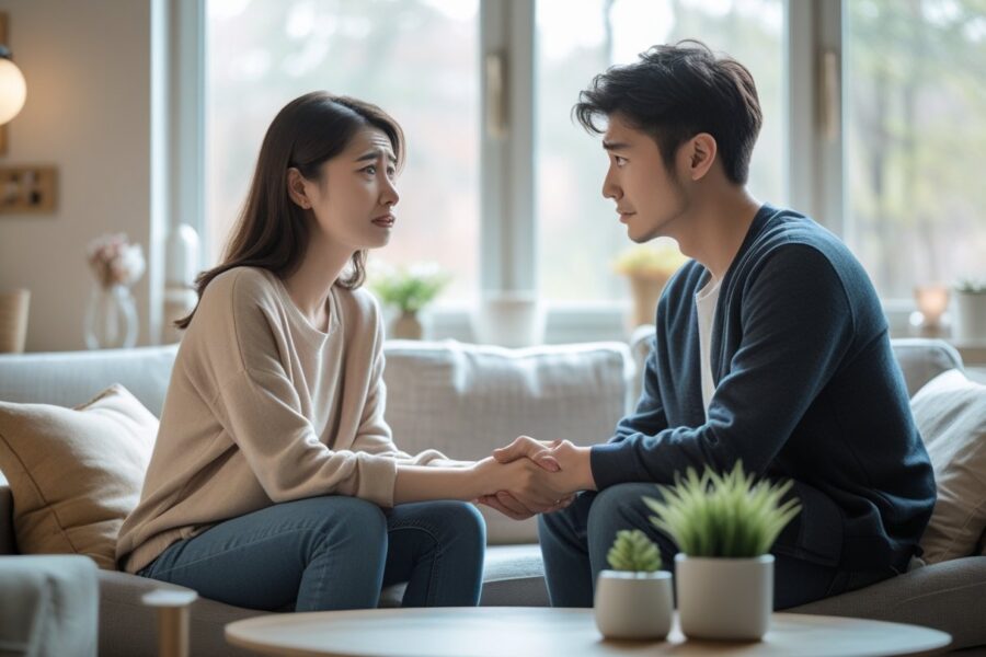 Um casal jovem em um momento emocional na sala de estar, segurando as mãos e expressando sentimentos mistos de tristeza e esperança.