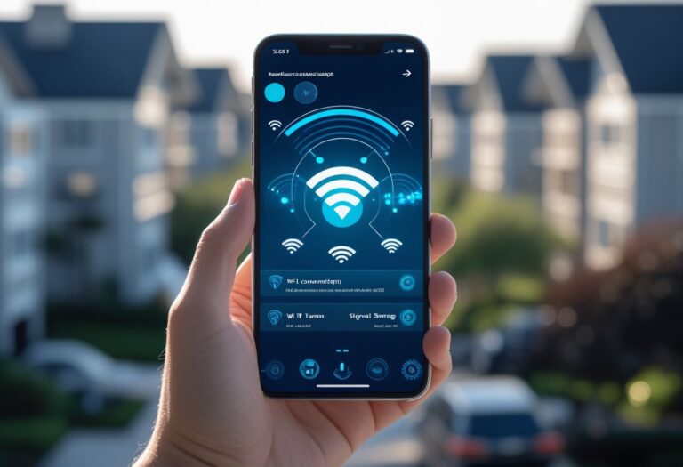 Pessoa segurando um smartphone com tela mostrando ícones de redes Wi-Fi, com prédios residenciais desfocados ao fundo.
