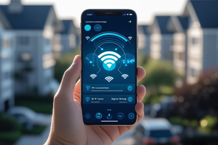 Pessoa segurando um smartphone com tela mostrando ícones de redes Wi-Fi, com prédios residenciais desfocados ao fundo.