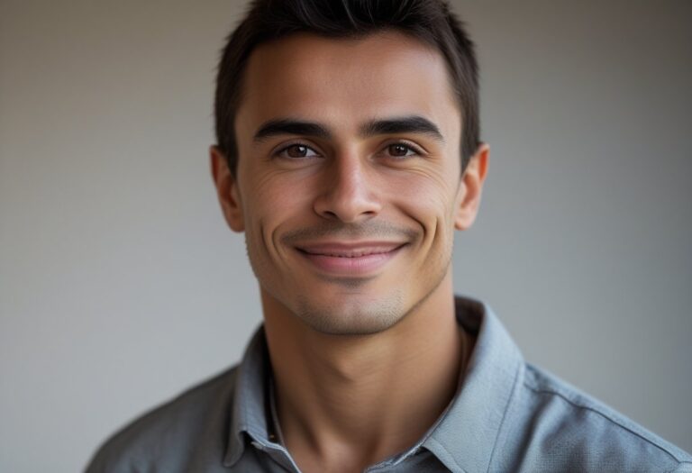 Retrato de um homem com aparência semelhante a Ayrton Senna, sorrindo, com cabelo curto e pele levemente bronzeada.