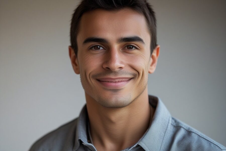 Retrato de um homem com aparência semelhante a Ayrton Senna, sorrindo, com cabelo curto e pele levemente bronzeada.