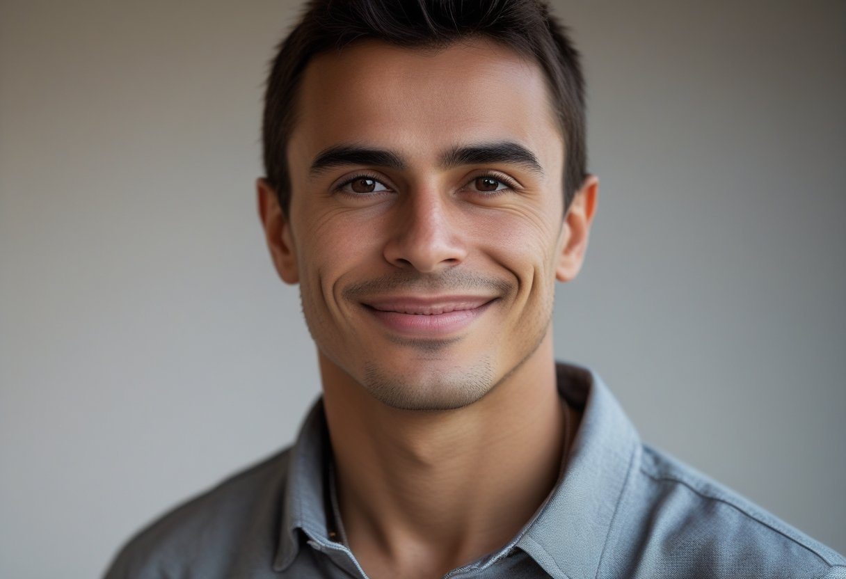 Retrato de um homem com aparência semelhante a Ayrton Senna, sorrindo, com cabelo curto e pele levemente bronzeada.