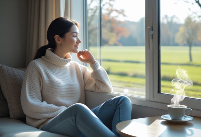 Pessoa vestindo suéter leve sentada perto de uma janela grande com luz natural, segurando uma xícara quente, em um ambiente que sugere temperatura amena de 20 graus.
