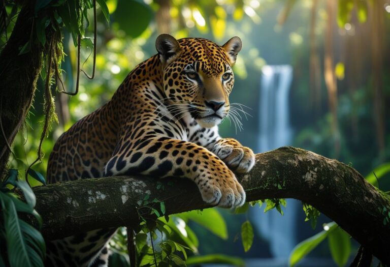 Onça-pintada descansando em um galho de árvore na floresta amazônica com vegetação densa ao redor.