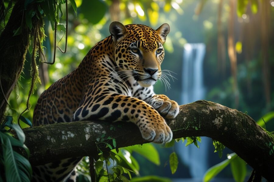 Onça-pintada descansando em um galho de árvore na floresta amazônica com vegetação densa ao redor.