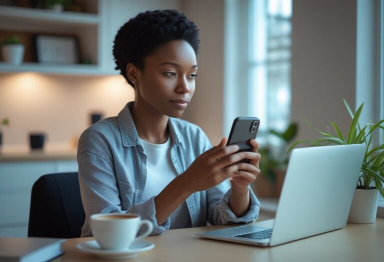 Pessoa sentada em uma mesa moderna, olhando pensativa para um smartphone em mãos, em um ambiente acolhedor e iluminado.
