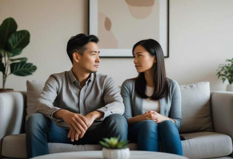 Um homem e uma mulher sentados separados em um sofá, com expressões pensativas e distantes, em uma sala de estar simples e iluminada.