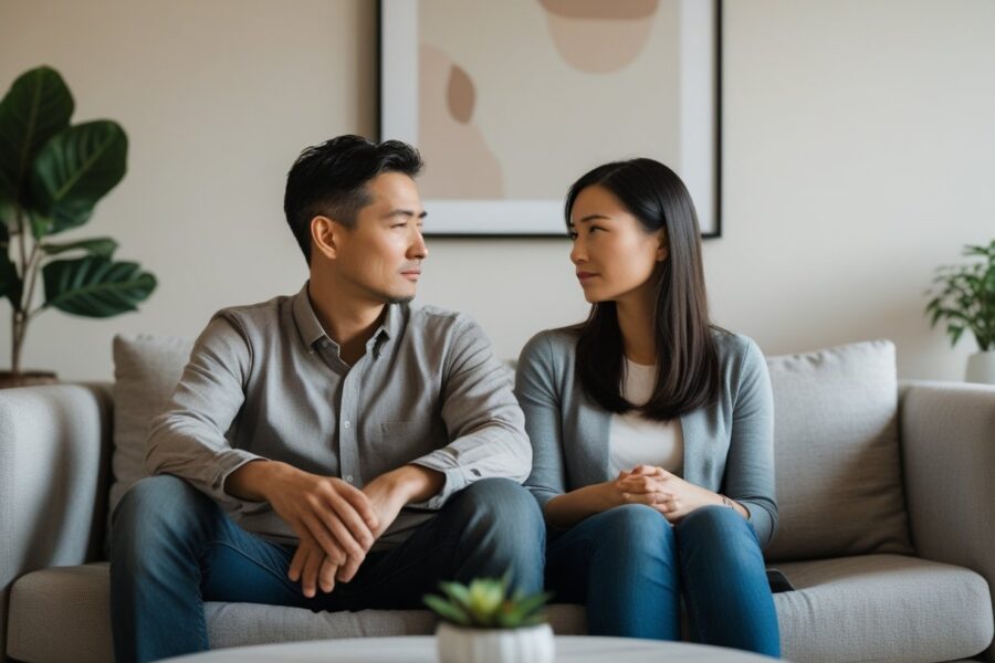 Um homem e uma mulher sentados separados em um sofá, com expressões pensativas e distantes, em uma sala de estar simples e iluminada.