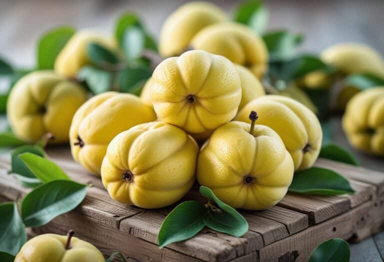 Frutas frescas, incluindo marmelos amarelos, arranjadas sobre uma superfície de madeira.