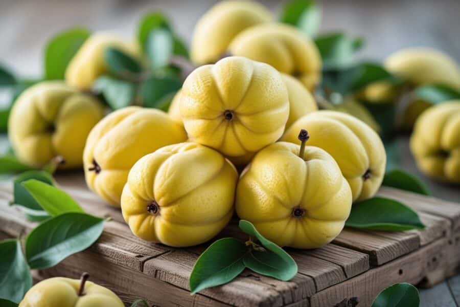 Frutas frescas, incluindo marmelos amarelos, arranjadas sobre uma superfície de madeira.