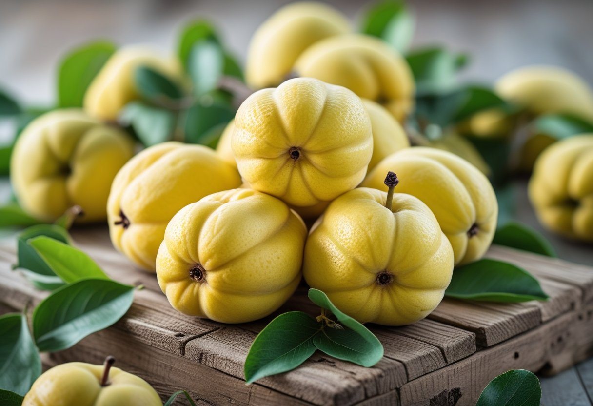Frutas frescas, incluindo marmelos amarelos, arranjadas sobre uma superfície de madeira.