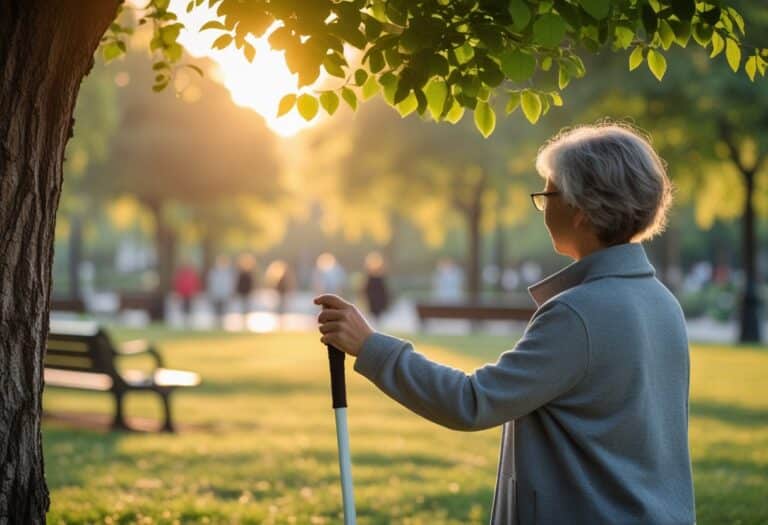 Pessoa com deficiência visual tocando a casca de uma árvore em um parque urbano durante o entardecer.