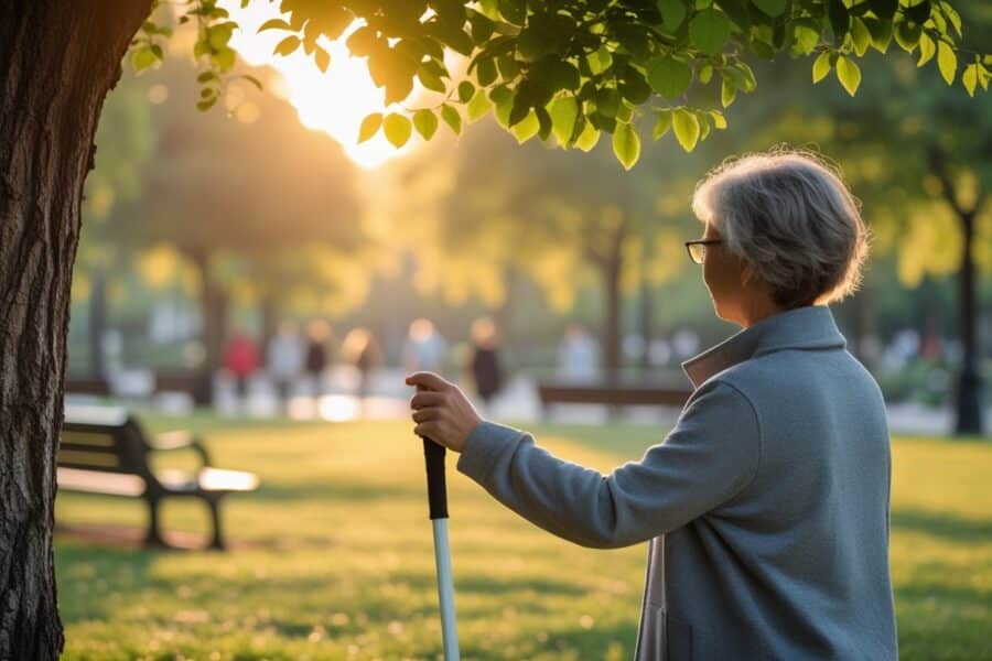 Pessoa com deficiência visual tocando a casca de uma árvore em um parque urbano durante o entardecer.