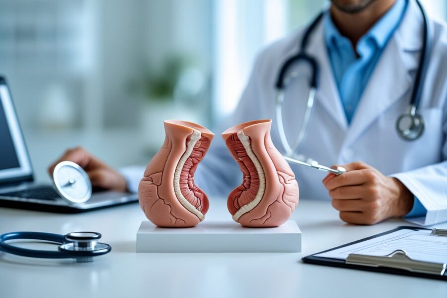 Modelos anatômicos de testículos sobre uma mesa em um ambiente médico, com instrumentos médicos ao redor.