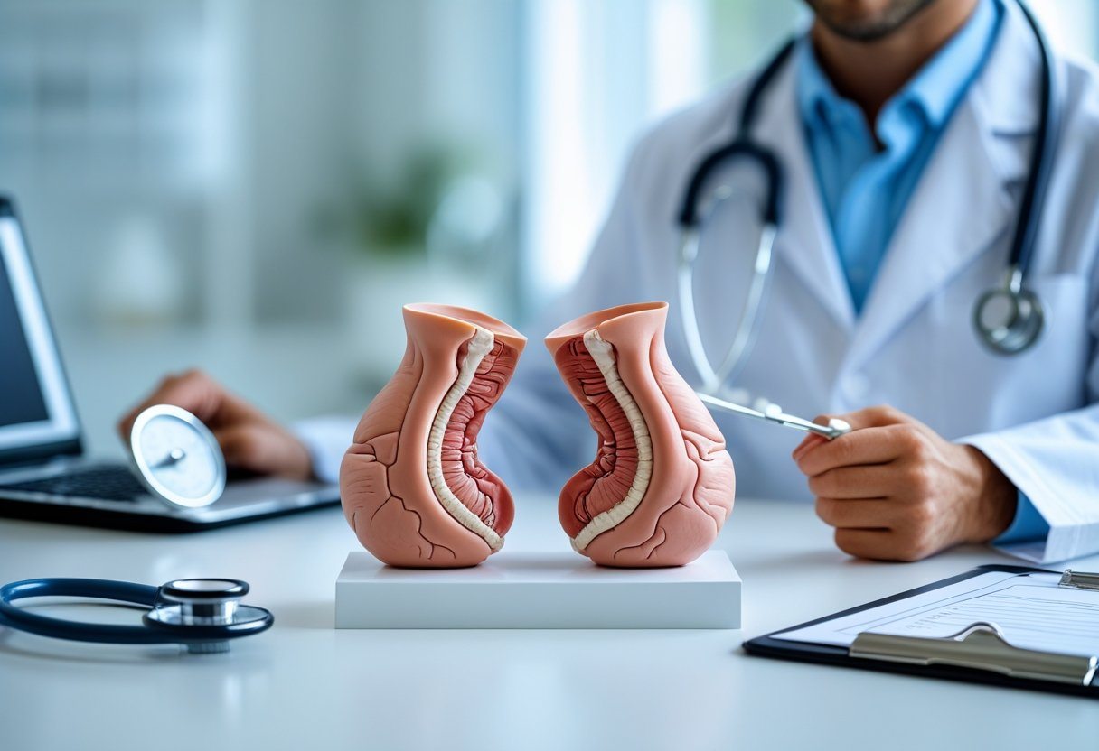 Modelos anatômicos de testículos sobre uma mesa em um ambiente médico, com instrumentos médicos ao redor.
