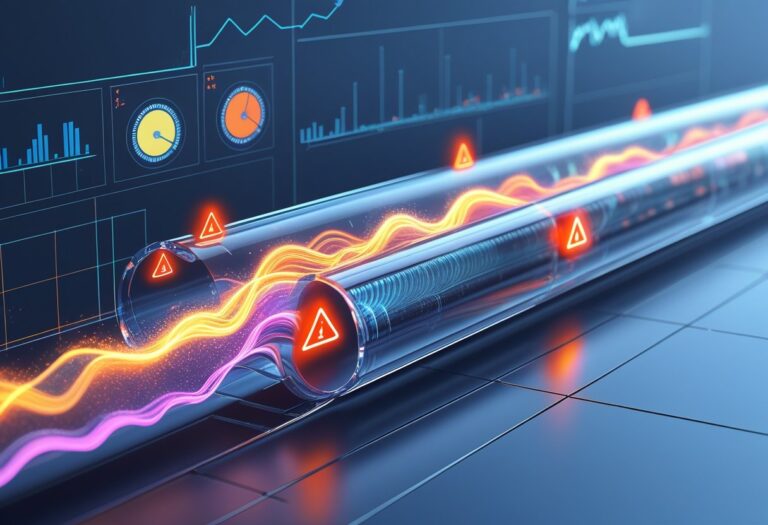 Fluxo de dados ultrapassando o limite permitido em um canal, com indicadores de alerta ao redor.