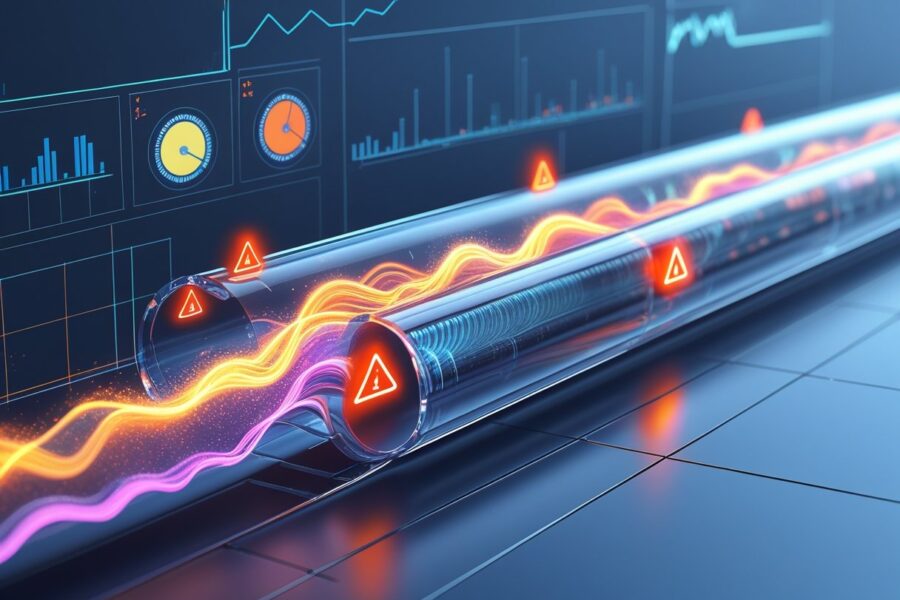 Fluxo de dados ultrapassando o limite permitido em um canal, com indicadores de alerta ao redor.