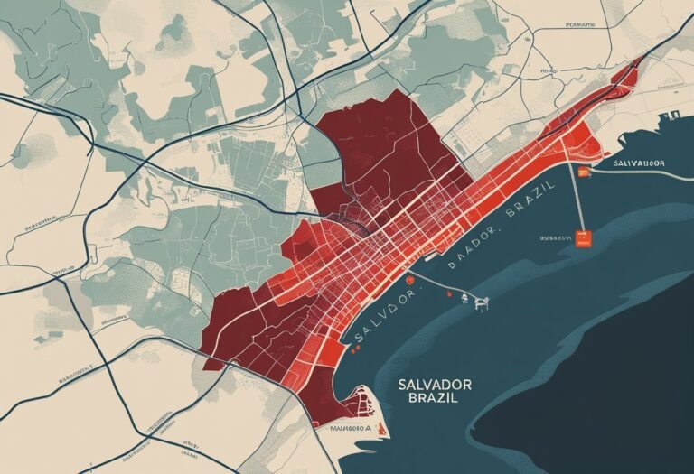Mapa da cidade de Salvador com algumas áreas destacadas em vermelho para indicar bairros perigosos.