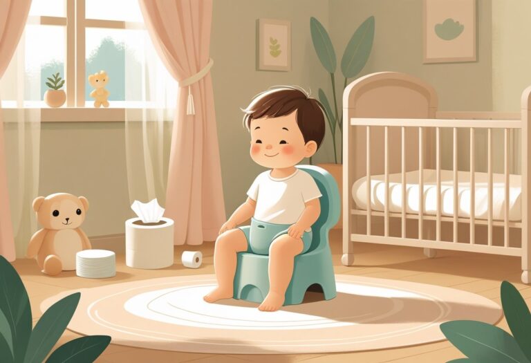 Criança pequena sentada em um penico dentro de um quarto de bebê com iluminação suave e elementos de cuidado ao redor.