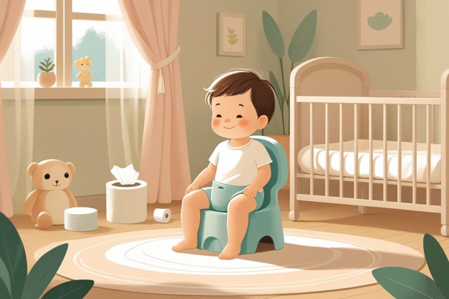 Criança pequena sentada em um penico dentro de um quarto de bebê com iluminação suave e elementos de cuidado ao redor.