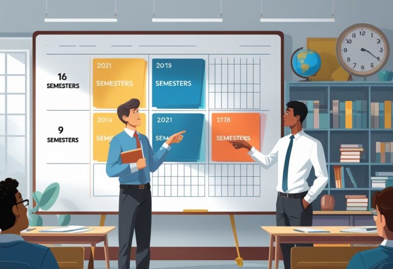 Sala de aula com um professor explicando um calendário dividido em quatro partes para um estudante atento.