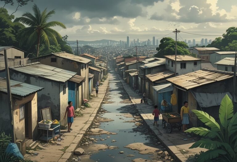 Bairro urbano de João Pessoa com casas simples e ruas estreitas, pessoas andando e crianças brincando, mostrando condições de vida difíceis.