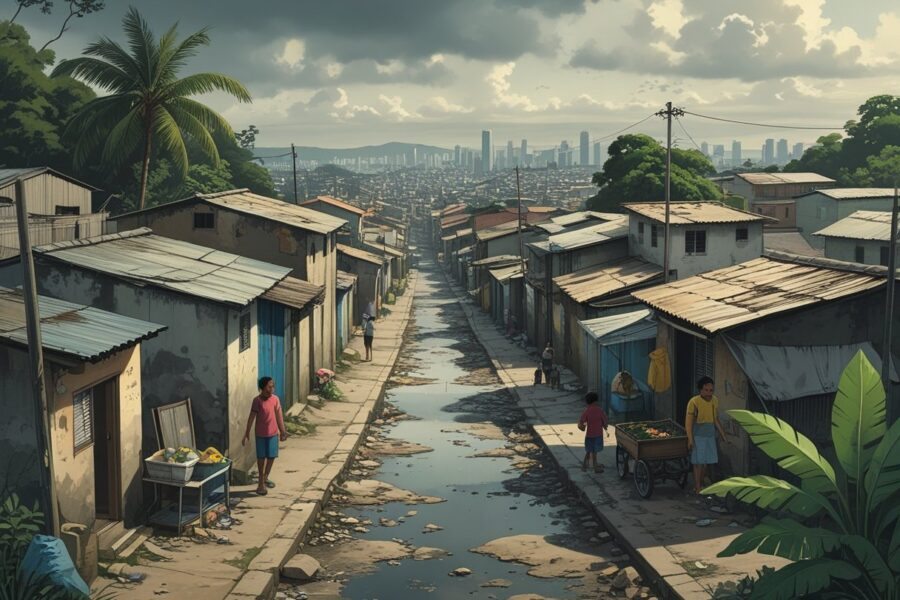Bairro urbano de João Pessoa com casas simples e ruas estreitas, pessoas andando e crianças brincando, mostrando condições de vida difíceis.