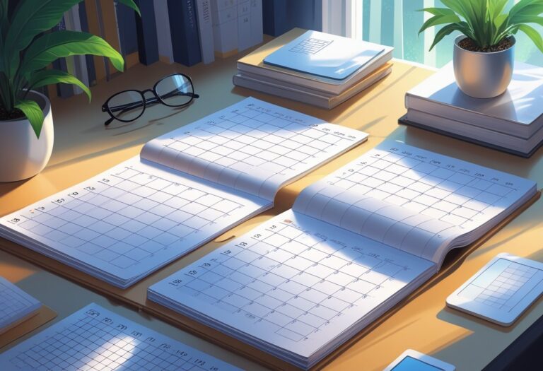 Uma mesa com um calendário aberto mostrando seis meses, um relógio digital e óculos, indicando a contagem dos dias em um semestre.