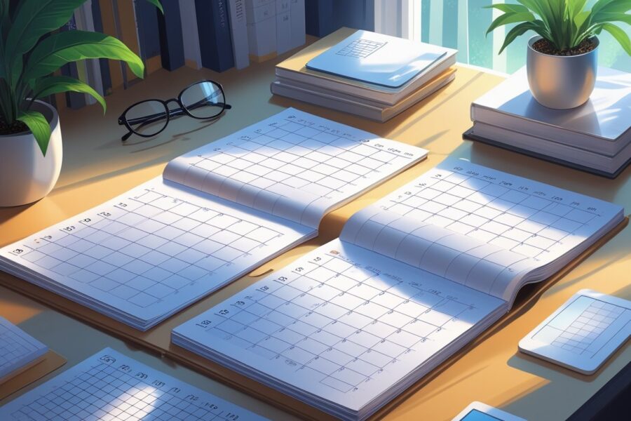 Uma mesa com um calendário aberto mostrando seis meses, um relógio digital e óculos, indicando a contagem dos dias em um semestre.