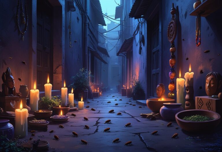 Um beco escuro com pequenos pulgas visíveis no chão e nas paredes, com objetos de macumba como velas, contas coloridas e oferendas dispostos em primeiro plano.