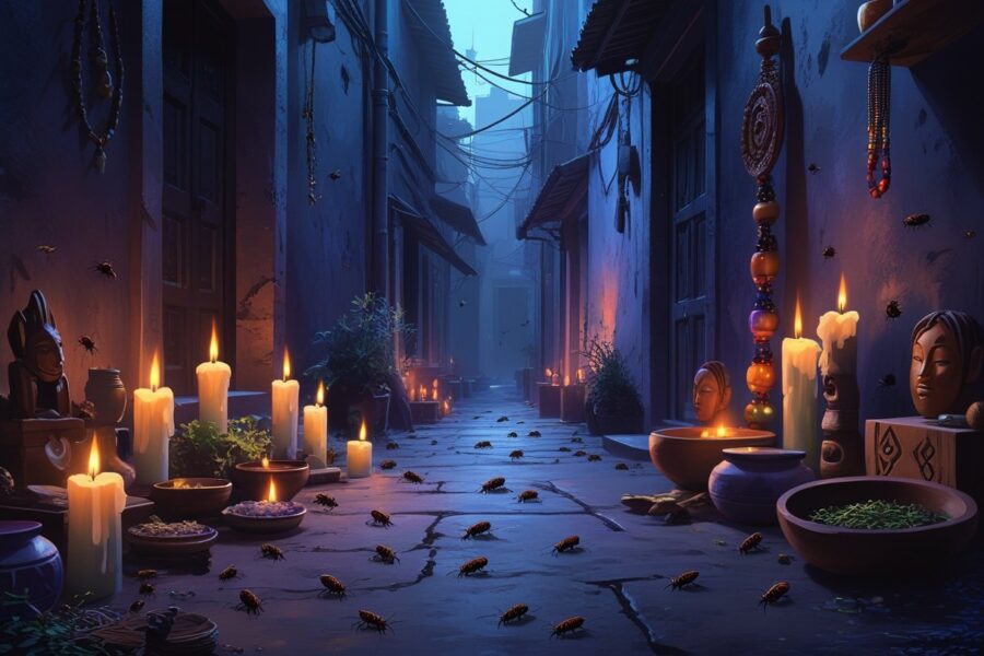 Um beco escuro com pequenos pulgas visíveis no chão e nas paredes, com objetos de macumba como velas, contas coloridas e oferendas dispostos em primeiro plano.