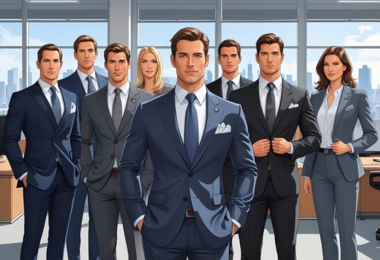 Um grupo diversificado de pessoas vestindo ternos elegantes em um escritório corporativo moderno.