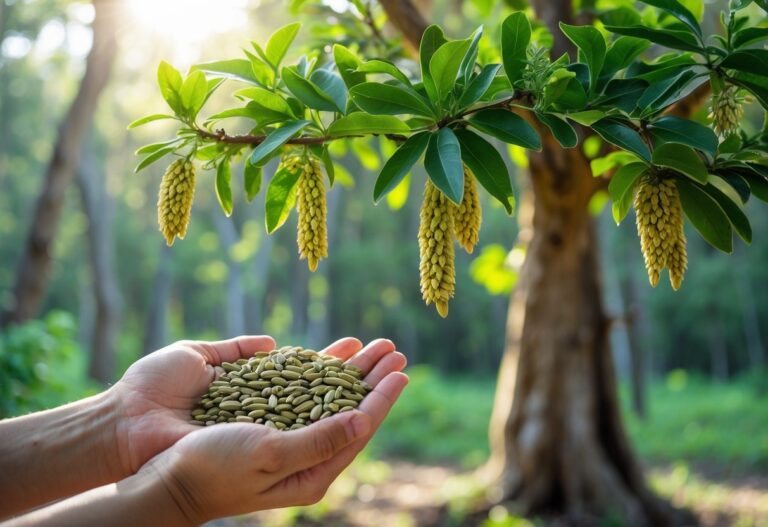 Mãos segurando sementes de sucupira com uma árvore de sucupira ao fundo em um ambiente natural ensolarado.