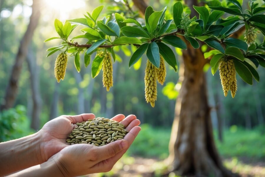 Mãos segurando sementes de sucupira com uma árvore de sucupira ao fundo em um ambiente natural ensolarado.